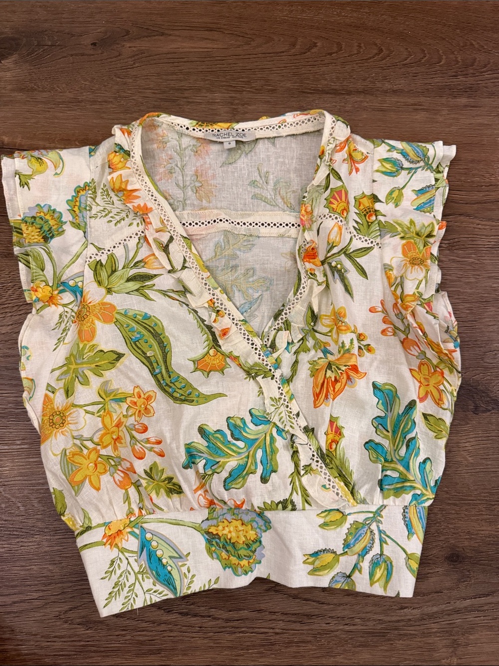 Floral V-Neck Cap Sleeve Top - White with Green & Orange Size small